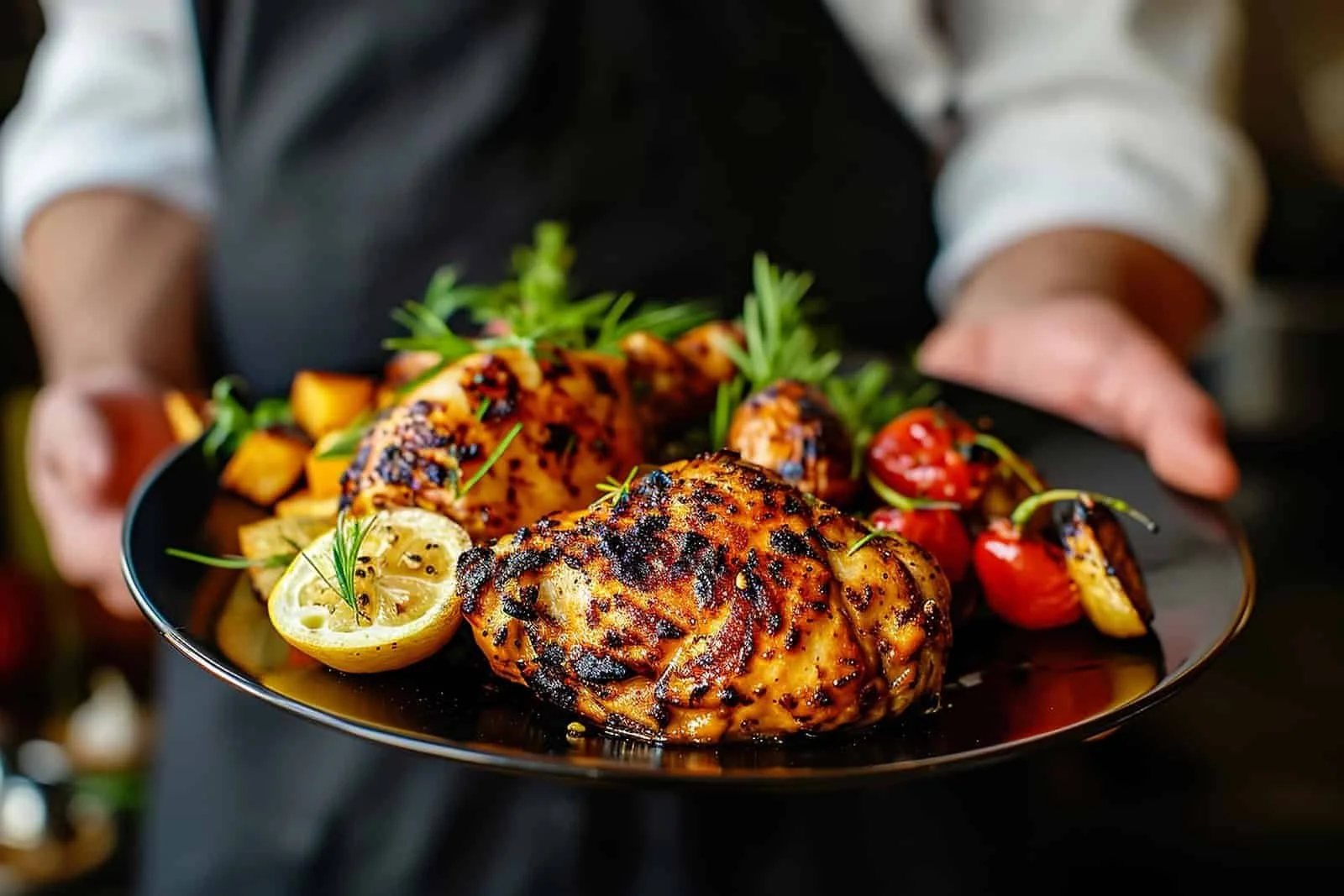 chef-is-holding-plate-food-which-includes-chicken-potatoes chef-is-holding-plate-food-which-includes-chicken-potatoes