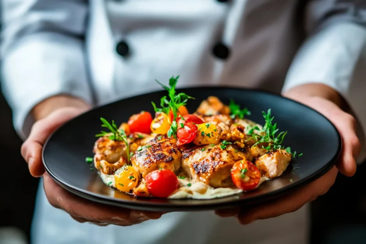 Culinary artistry shines with grilled chicken and vibrant vegetables on a black plate